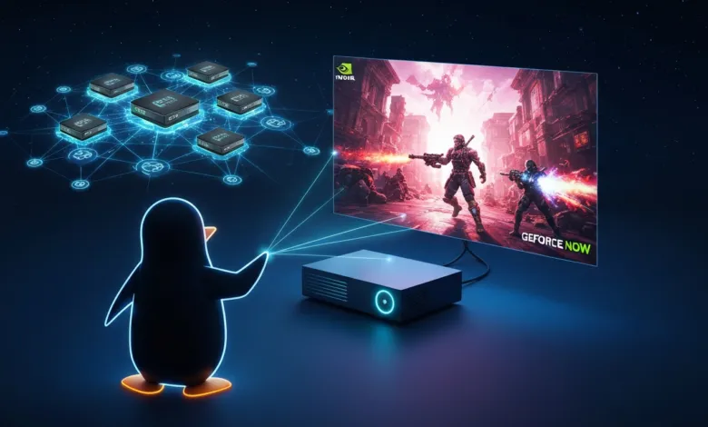 Neon penguin interacts with NVIDIA GeForce Now game streaming setup.