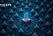 Abstract network with central glowing chip, representing data connections.