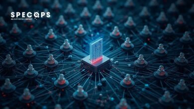 Abstract network with central glowing chip, representing data connections.