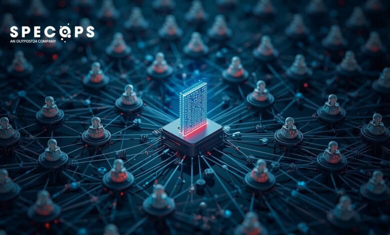 Abstract network with central glowing chip, representing data connections.