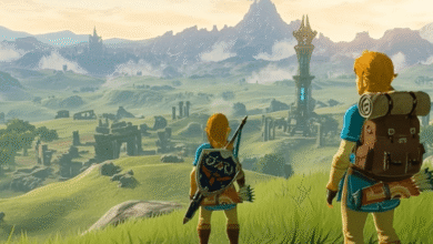 Two figures stand overlooking a vast, grassy landscape with ruins and a tall tower.