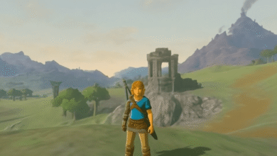 Link from Zelda stands in a field with mountains and ruins in the background.