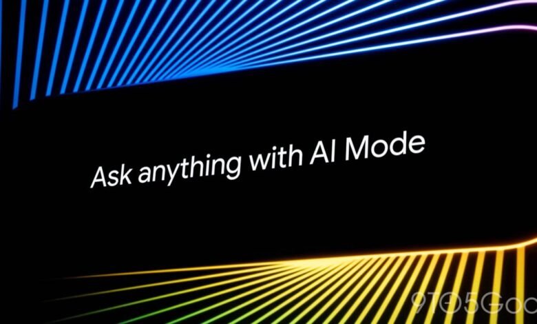 Abstract image with neon lines and text 'Ask anything with AI Mode'.
