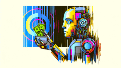 Colorful robot holding money, representing AI and finance.