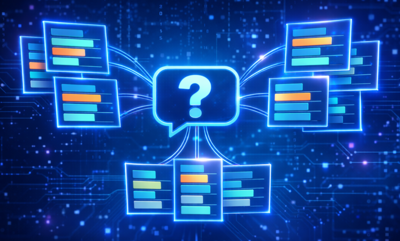 Question mark connected to data charts on a blue circuit board background.