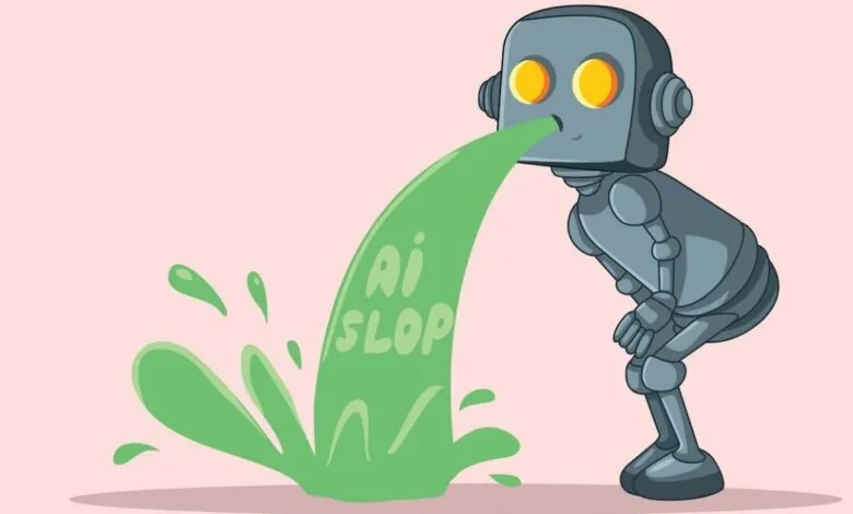 Cartoon robot vomiting green liquid labeled 'AI Slop' on a pink background.