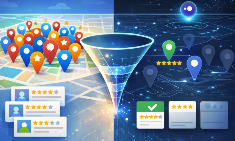 Funnel filters map pins and reviews, showing improved online visibility.