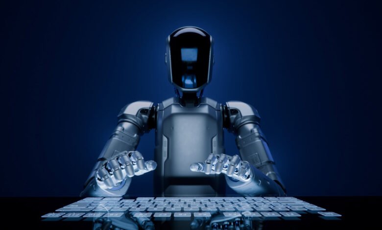 Robot typing on a glowing keyboard against a dark blue background.