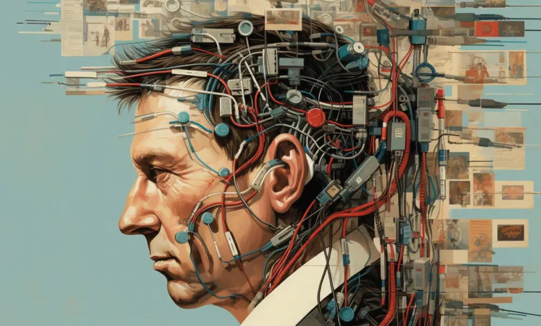 Man's head with wires, circuits, and images representing complex thought processes.