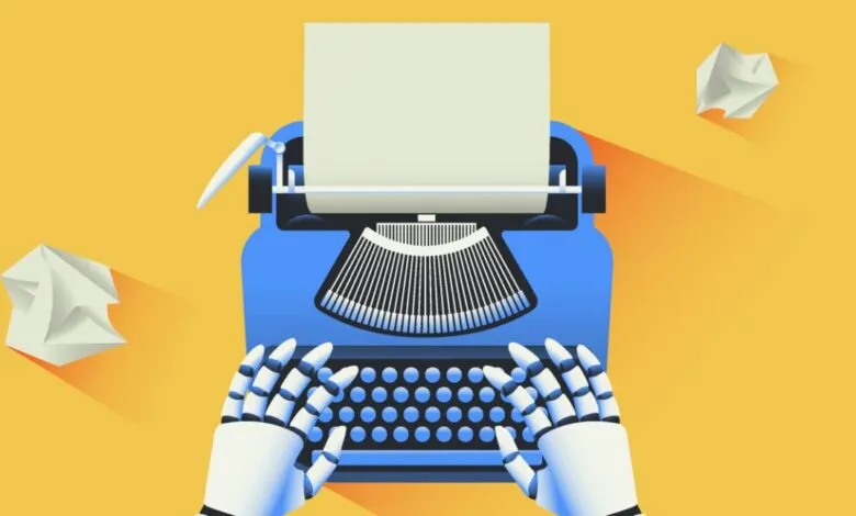 Robot hands type on a blue typewriter with crumpled paper nearby.