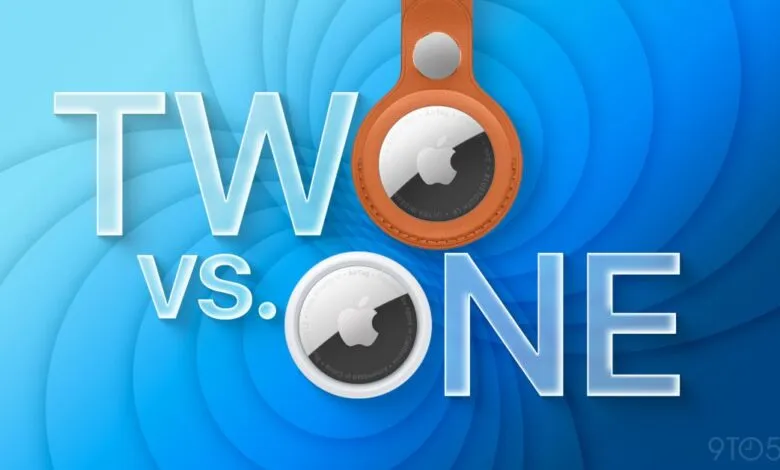 Two Apple AirTags, one with leather case, on blue background.