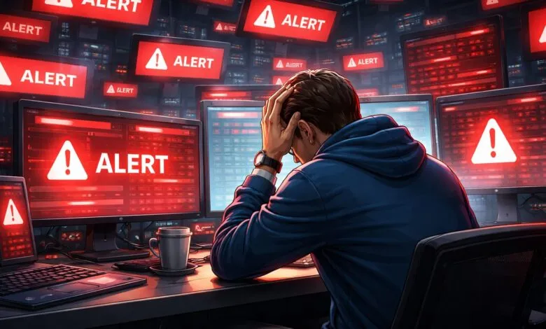 Person overwhelmed by numerous alert notifications on computer screens.