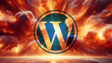 WordPress logo against a fiery, abstract background.