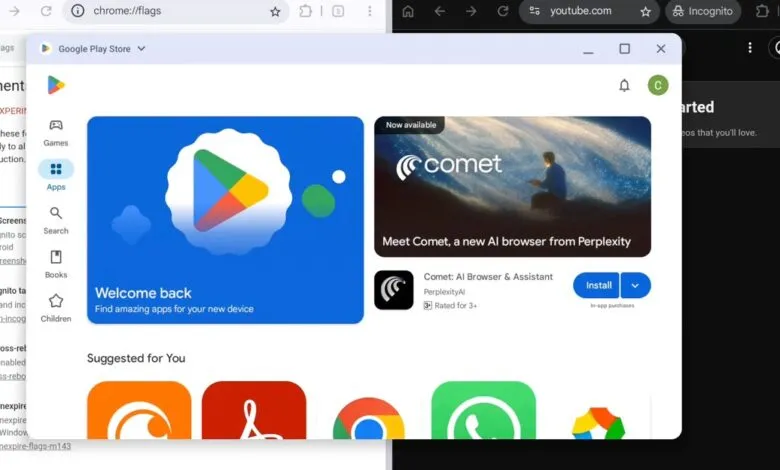 Screenshots of Chrome flags, Google Play Store, and YouTube in Incognito mode.
