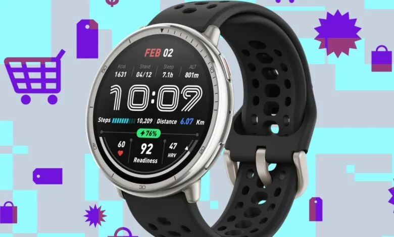 Smartwatch displaying health data with shopping-themed background.