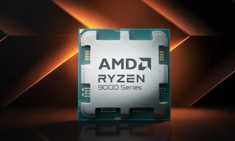 AMD Ryzen 9000 Series CPU close-up on reflective surface.