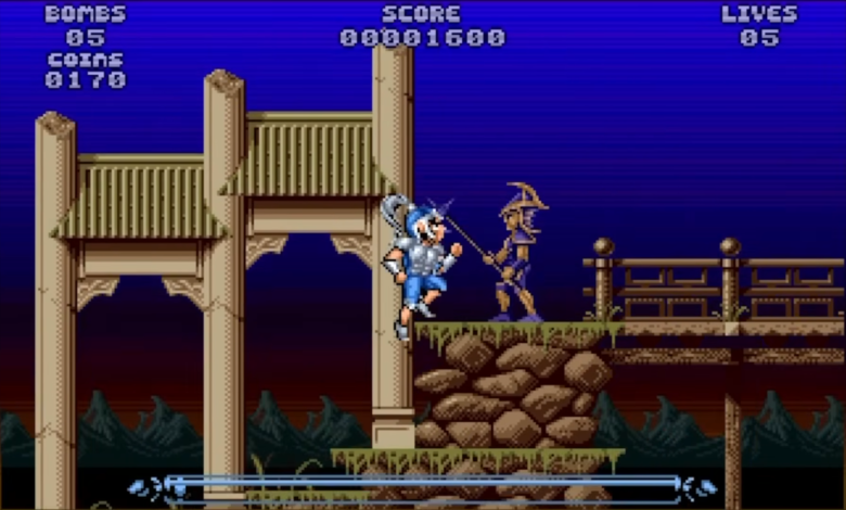 Retro video game scene with a character jumping towards an enemy.