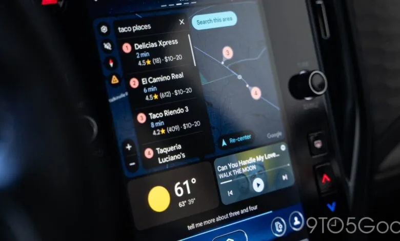 Car infotainment screen displays Google Maps with taco restaurant search results.