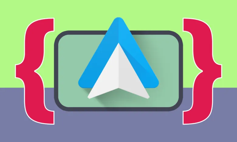 Android Auto logo inside red curly braces on a colorful background.