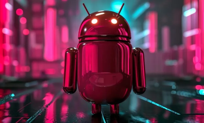 Shiny red Android robot with glowing eyes stands in a neon city.
