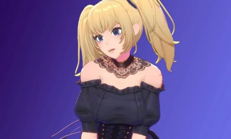 Anime-style woman with blonde hair in pigtails, wearing a black dress.