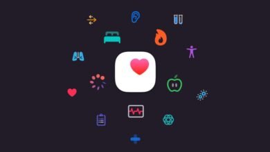 Apple Health app icon surrounded by health-related icons.