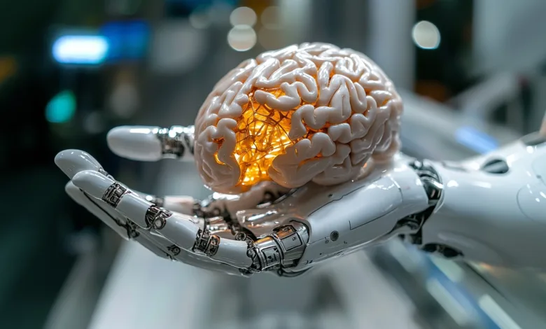 Robot hand holding glowing brain, symbolizing artificial intelligence.