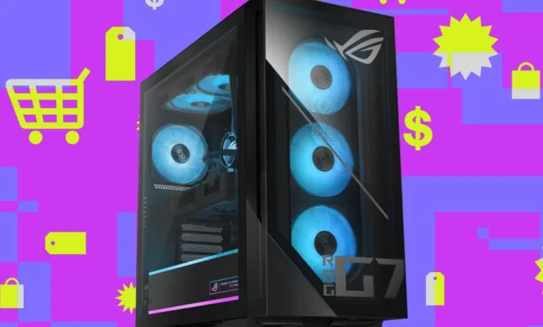 ROG G7 gaming PC with blue fans against a vibrant shopping-themed background.