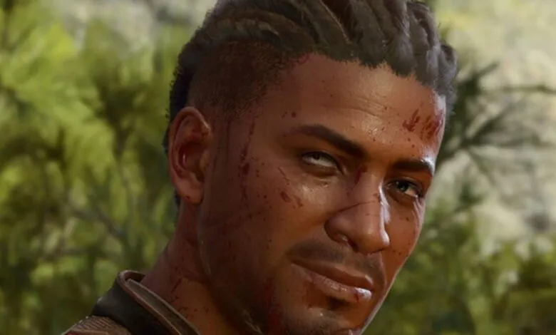 Close-up of Wyll from Baldur's Gate 3, face covered in blood.