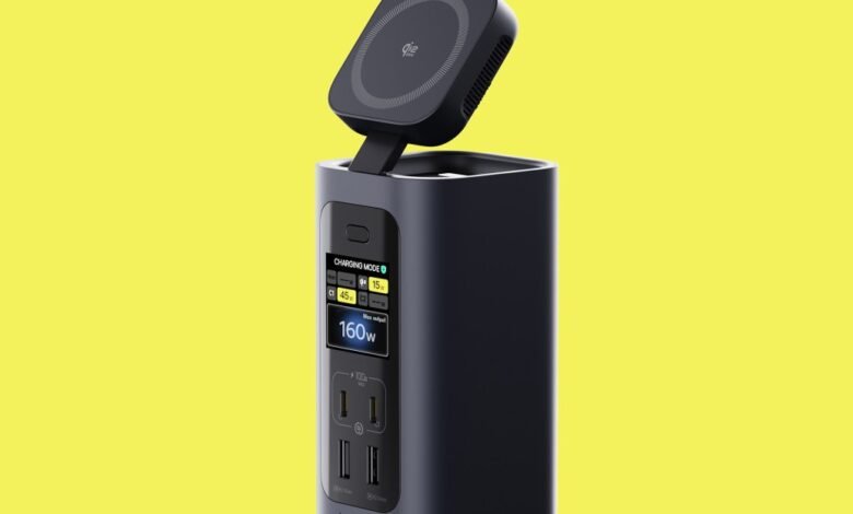 Baseus 15-in-1 docking station with wireless charger on yellow background.