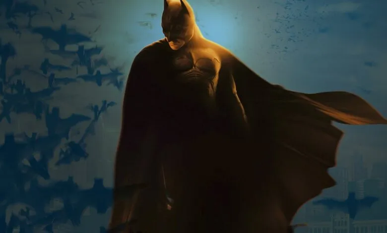 Batman stands silhouetted against a bat-filled Gotham skyline.