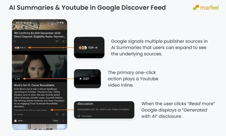 Google Discover feed on a phone showing AI summaries and YouTube integration.