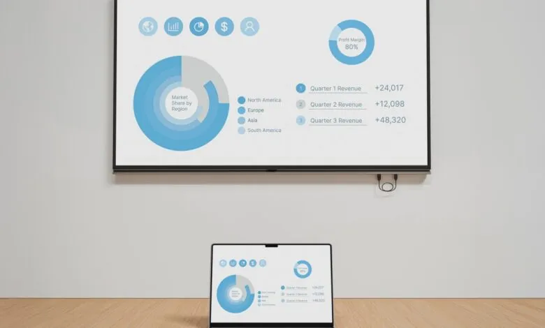 Laptop mirroring financial data to a large display screen.