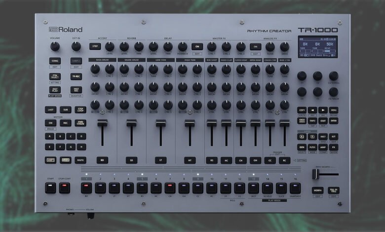 Roland TR-1000 Rhythm Creator, a gray drum machine with knobs, sliders, and buttons.
