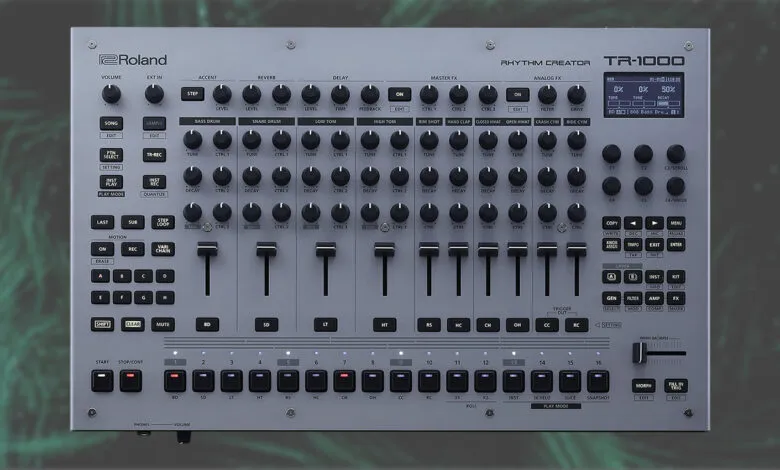Roland TR-1000 Rhythm Creator, a gray drum machine with knobs, sliders, and buttons.