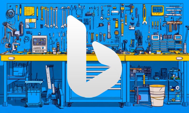 Illustration of a workbench with tools and the Bing logo overlayed.