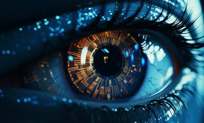 Close-up of an eye with circuit board patterns in the iris.