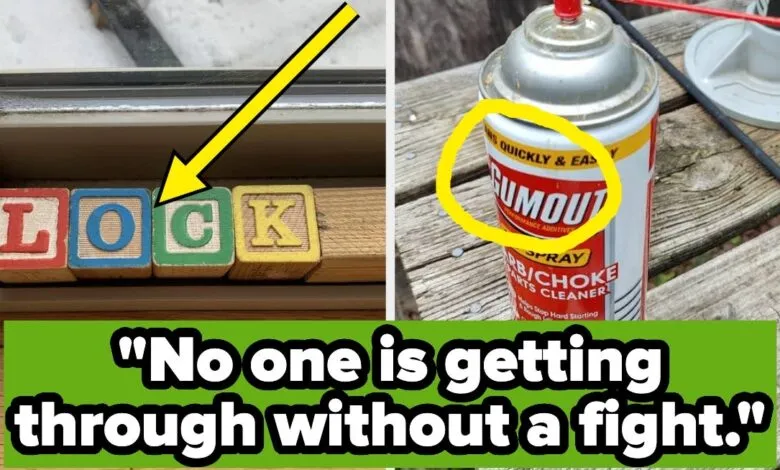 Blocks spelling 'LOCK' and Gumout spray, implying security measures.