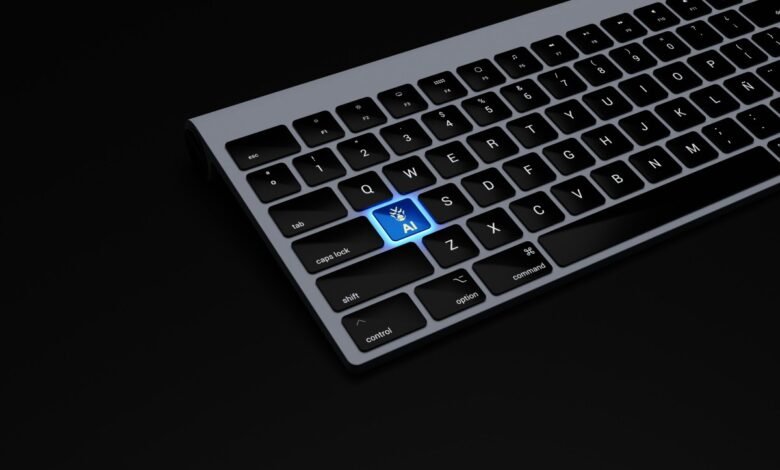 Keyboard with a glowing 'AI' key, symbolizing artificial intelligence.