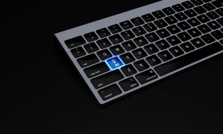 Keyboard with a glowing 'AI' key, symbolizing artificial intelligence.
