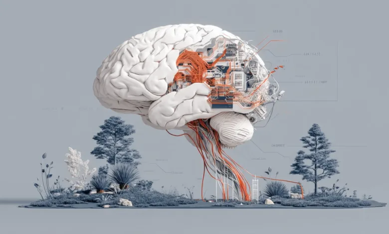Brain with circuitry and nature elements, symbolizing AI and human connection.
