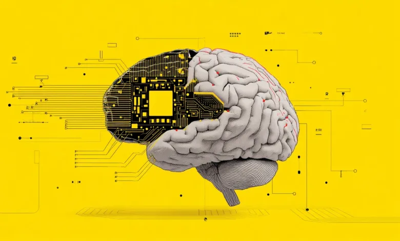 Brain illustration with half organic, half circuit board on yellow.