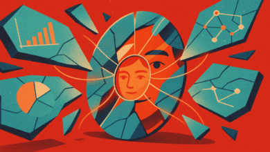 Broken mirror reflects a face surrounded by charts and graphs.