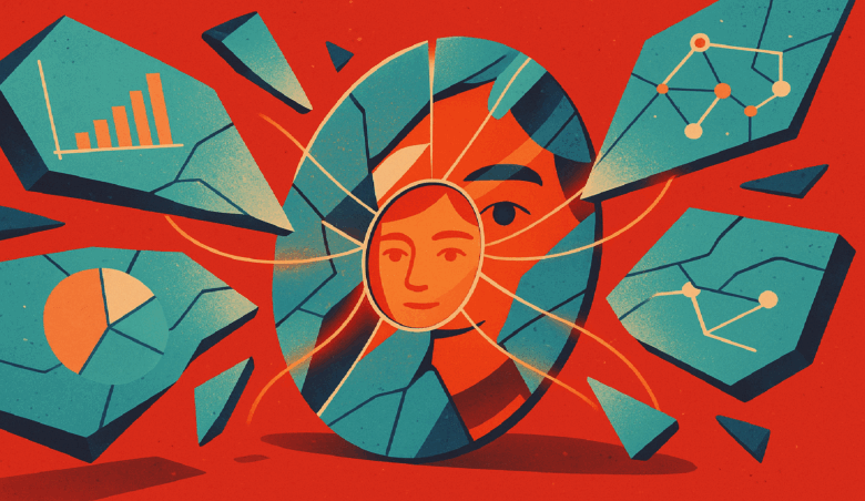 Broken mirror reflects a face surrounded by charts and graphs.