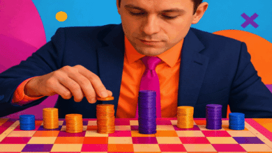 Man in suit stacks colorful coins on a checkered board.