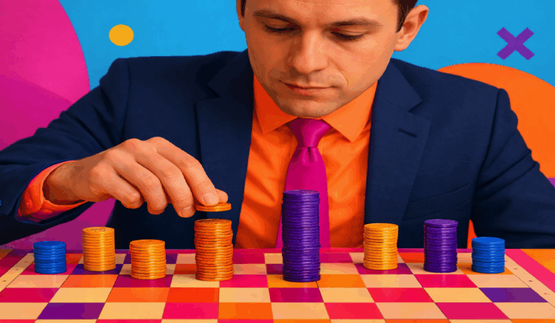 Man in suit stacks colorful coins on a checkered board.