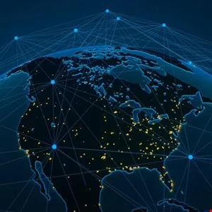 Globe showing North America with interconnected network lines and city lights.