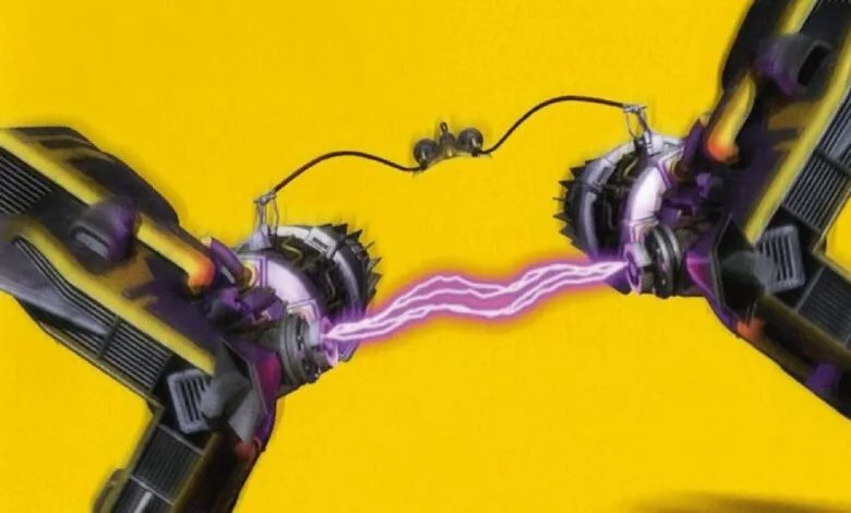 Two futuristic engines connected by a purple energy beam.