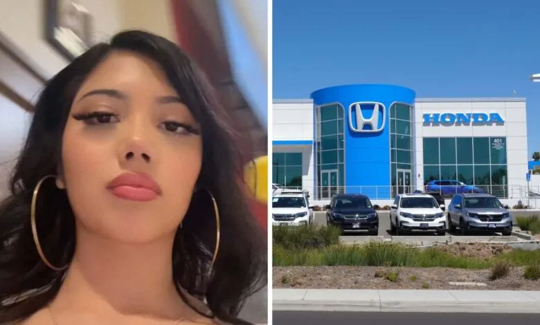 Split image: woman's portrait and Honda dealership exterior.