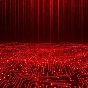 Abstract red circuit board landscape with falling light streams.